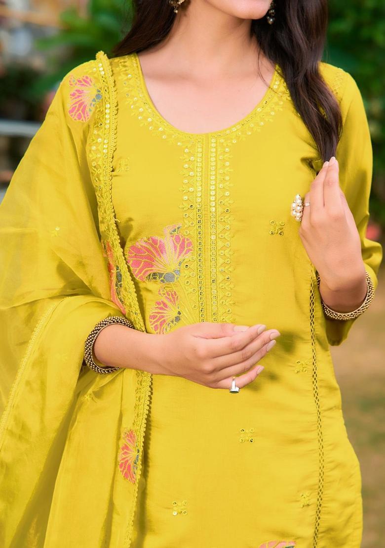 Yellow Embroidered Cotton Blend Kurta Set - Indya