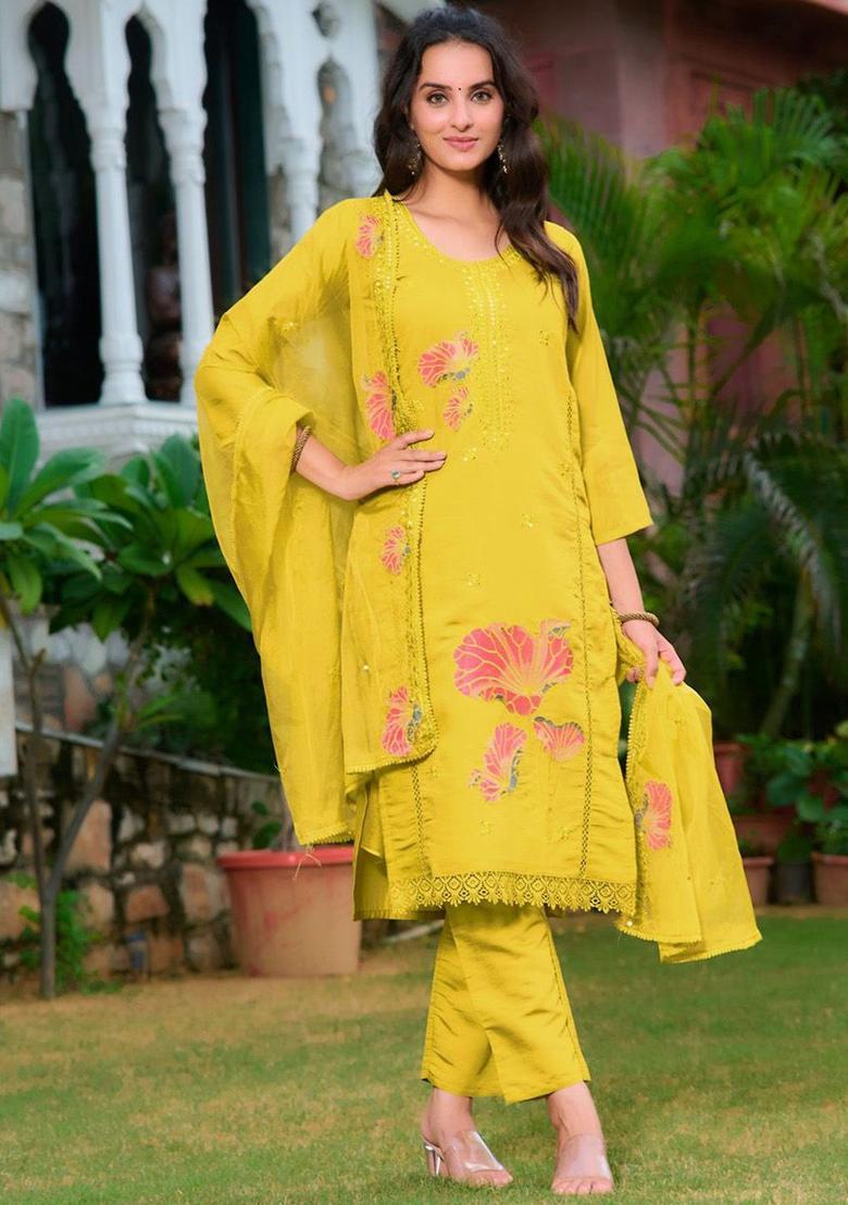 Yellow Embroidered Cotton Blend Kurta Set - Indya