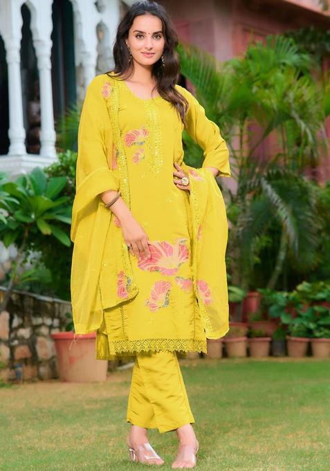 Yellow Embroidered Cotton Blend Kurta Set