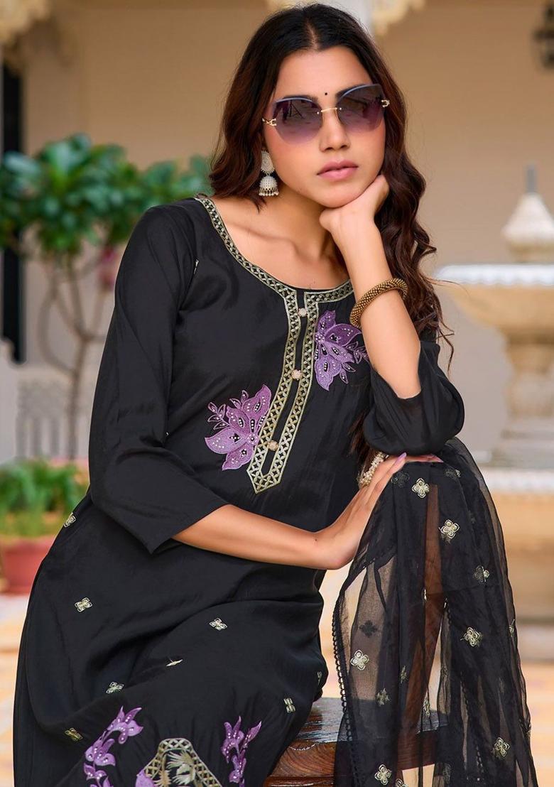 Black Solid Cotton Blend Kurta Set - Indya