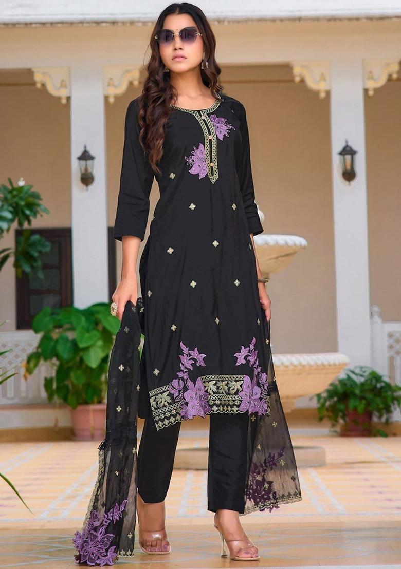 Black Solid Cotton Blend Kurta Set - Indya
