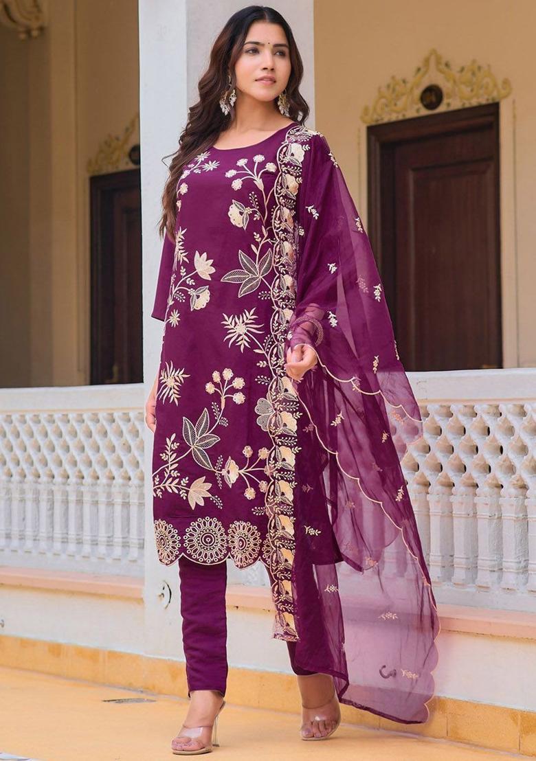 Purple Solid Cotton Blend Kurta Set - Indya