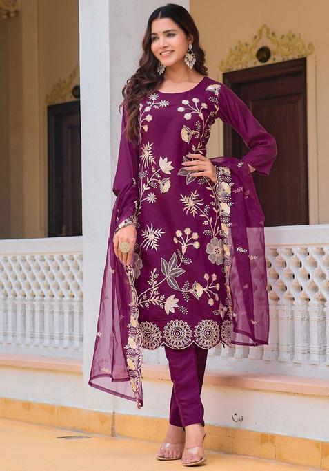 Purple Solid Cotton Blend Kurta Set