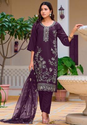 Burgundy Solid Cotton Blend Kurta Set