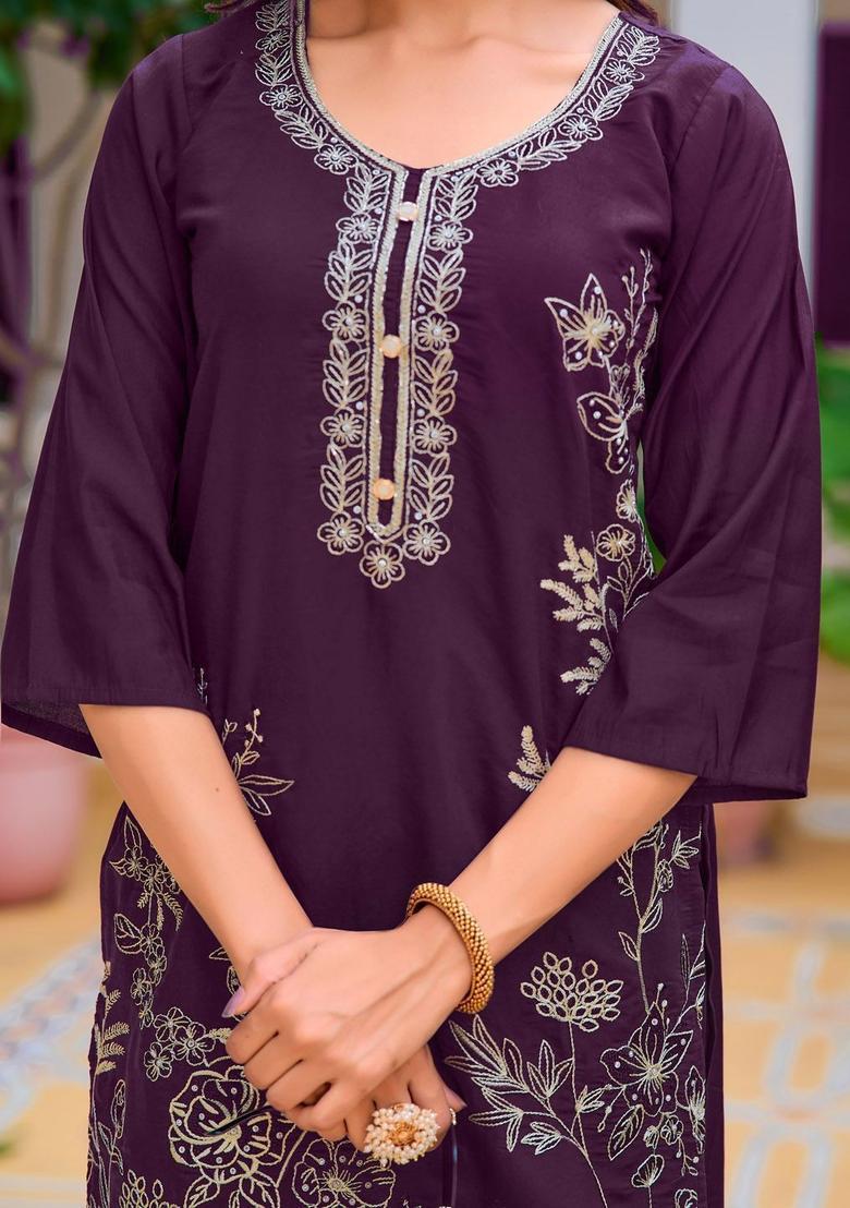 Burgundy Solid Cotton Blend Kurta Set - Indya