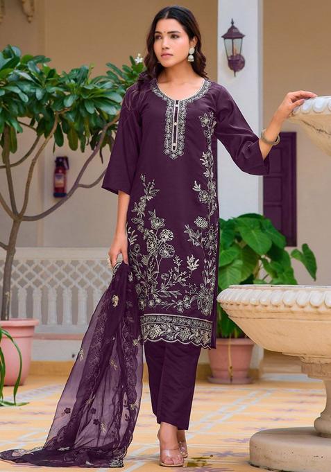 Burgundy Solid Cotton Blend Kurta Set