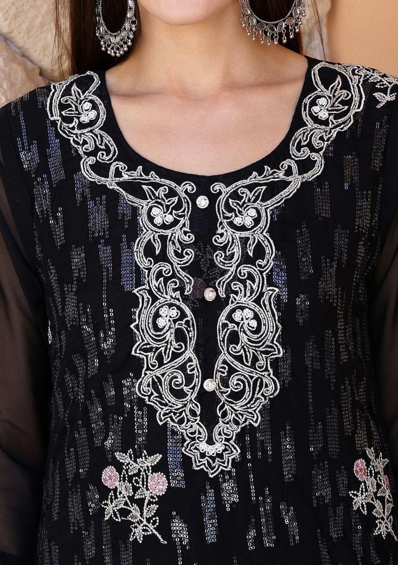 Black Solid Shantoon Kurta Set - Indya