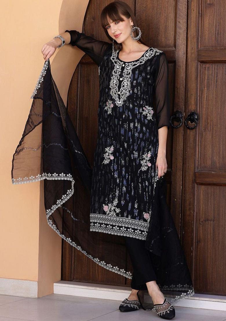 Black Solid Shantoon Kurta Set - Indya