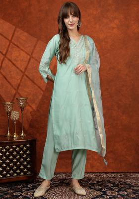 Sea Green Solid Cotton Blend Kurta Set