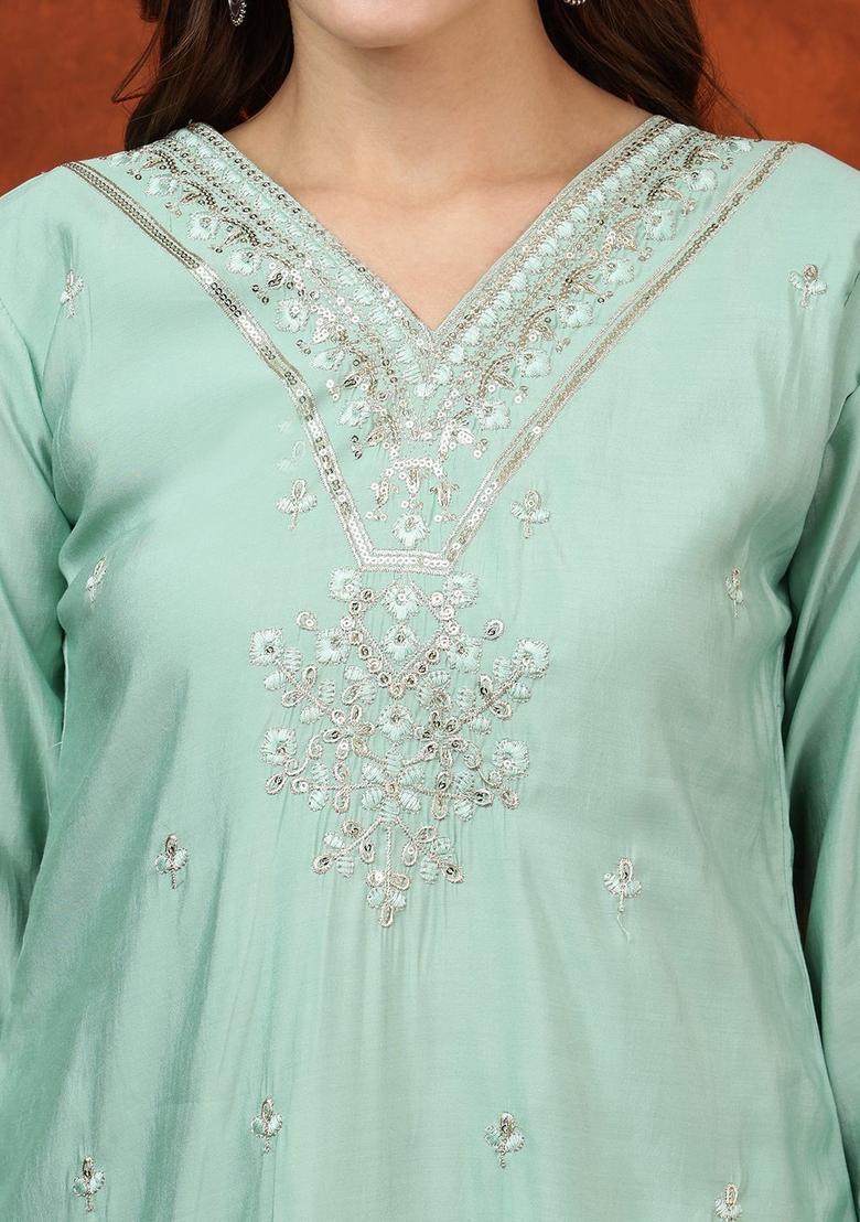 Sea Green Solid Cotton Blend Kurta Set - Indya