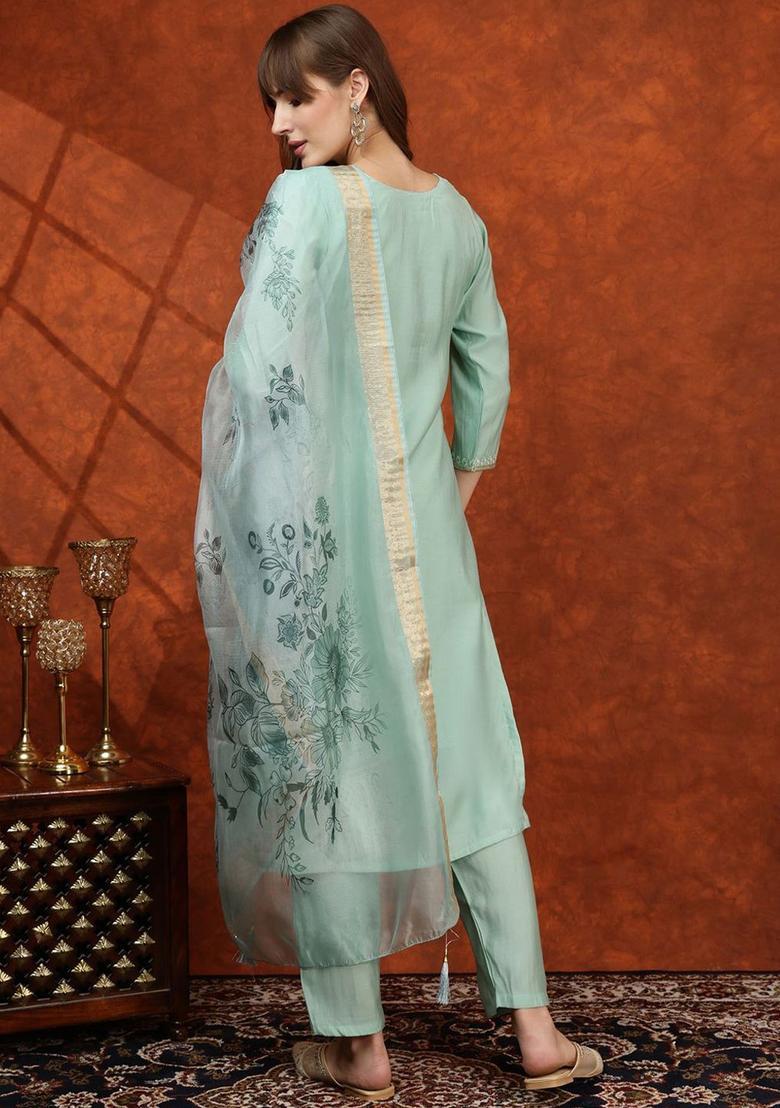 Sea Green Solid Cotton Blend Kurta Set - Indya