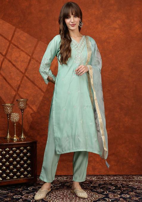 Sea Green Solid Cotton Blend Kurta Set