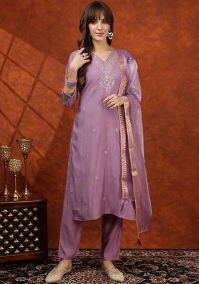 Lavender Solid Cotton Blend Kurta Set