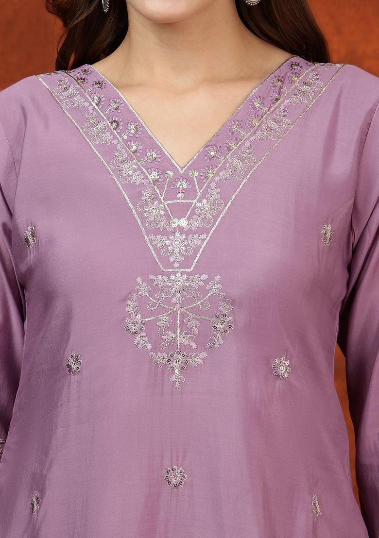 Lavender Solid Cotton Blend Kurta Set - Indya