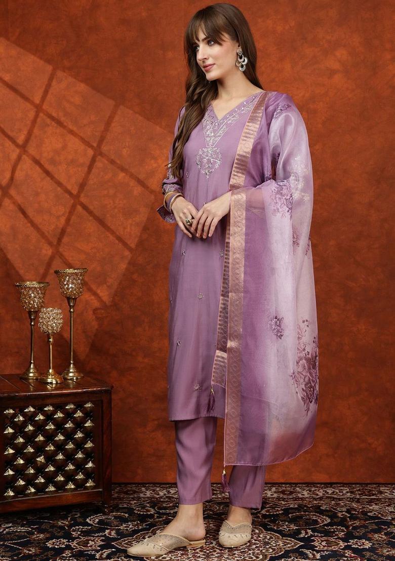 Lavender Solid Cotton Blend Kurta Set - Indya