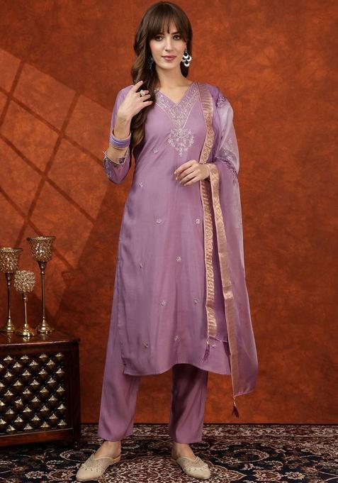 Lavender Solid Cotton Blend Kurta Set