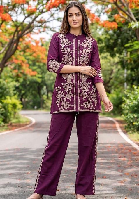 Purple Embroidered Cotton Kurta Set