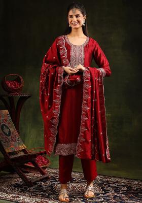 Maroon Solid Silk Blend Kurta Set