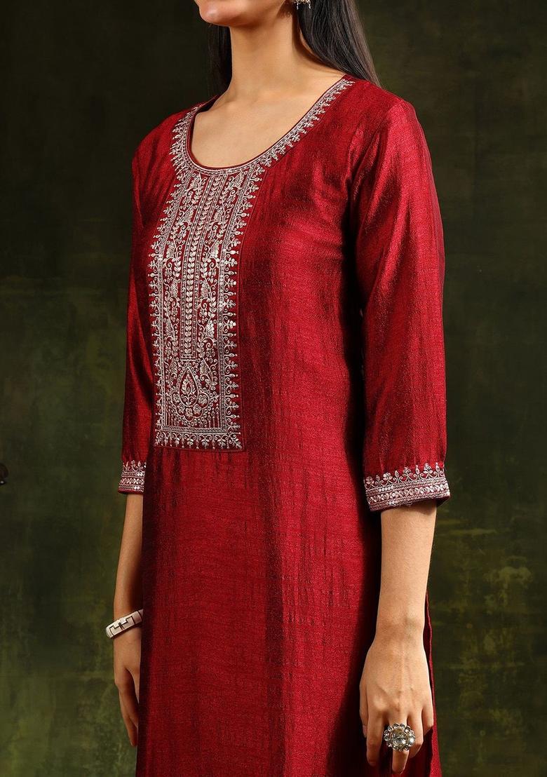 Maroon Solid Silk Blend Kurta Set - Indya