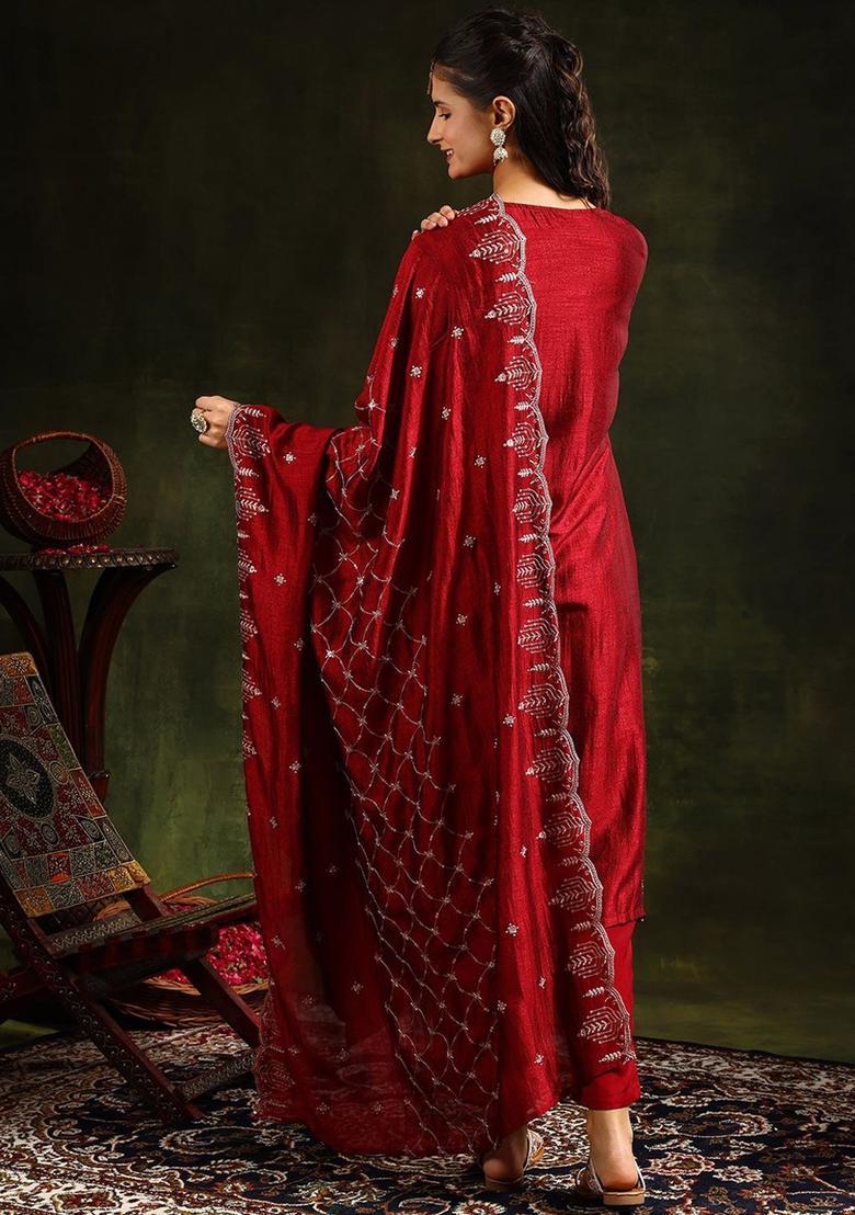 Maroon Solid Silk Blend Kurta Set - Indya