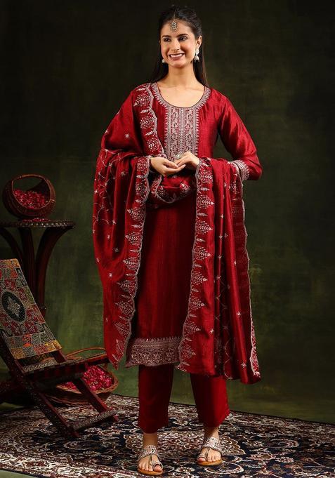 Maroon Solid Silk Blend Kurta Set