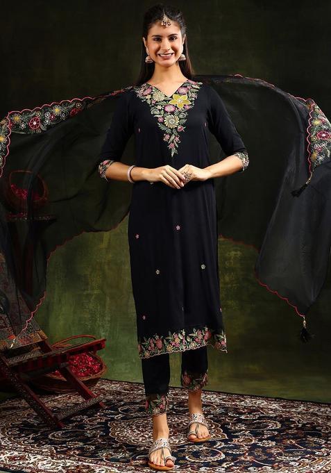 Black Embroidered Viscose Rayon Kurta Set