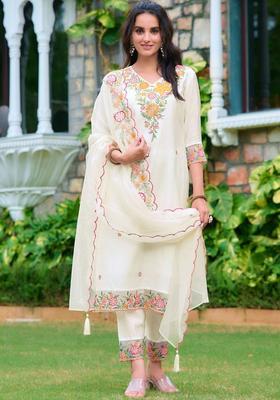 White Embroidered Viscose Rayon Kurta Set