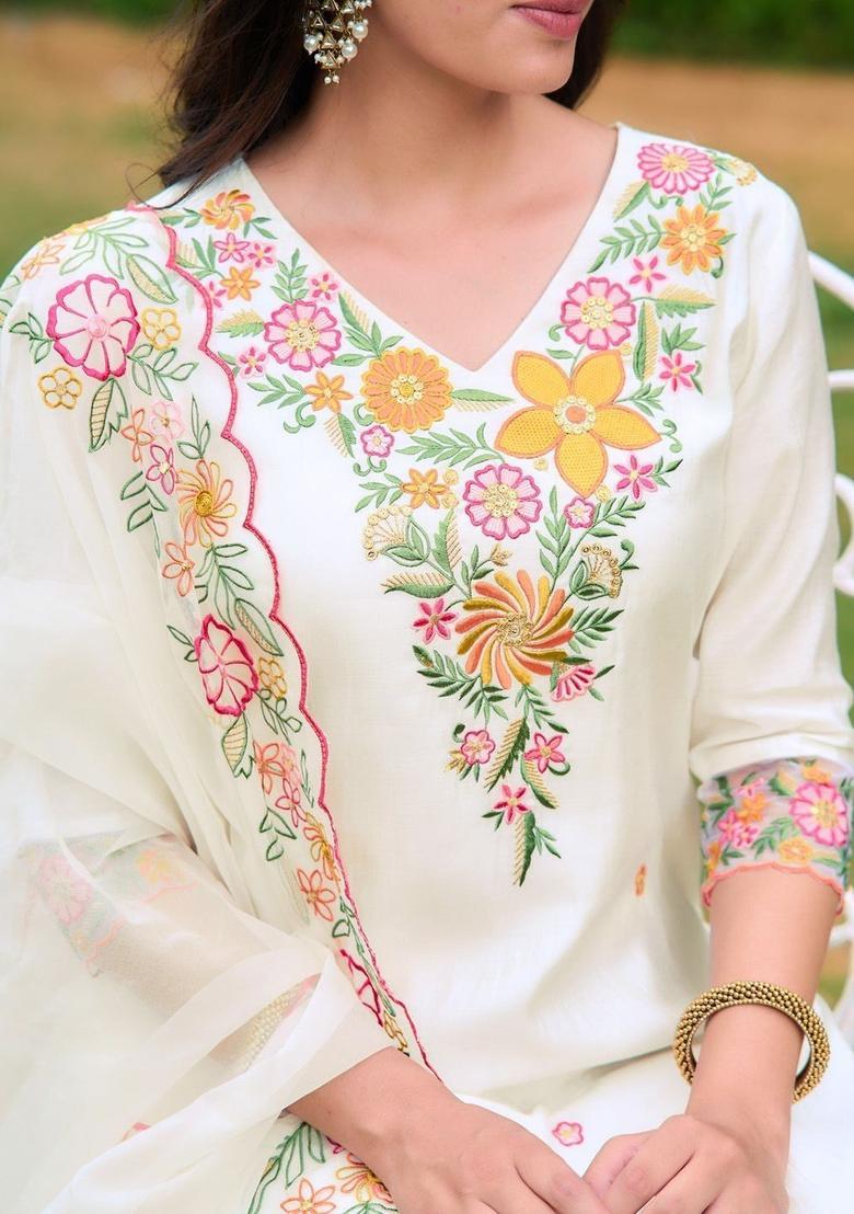 White Embroidered Viscose Rayon Kurta Set - Indya