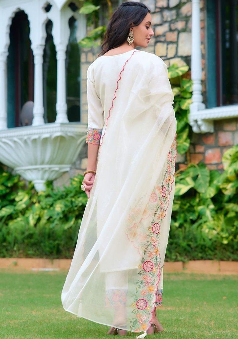 White Embroidered Viscose Rayon Kurta Set - Indya