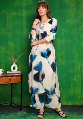 White Printed Viscose Rayon Kurta Set