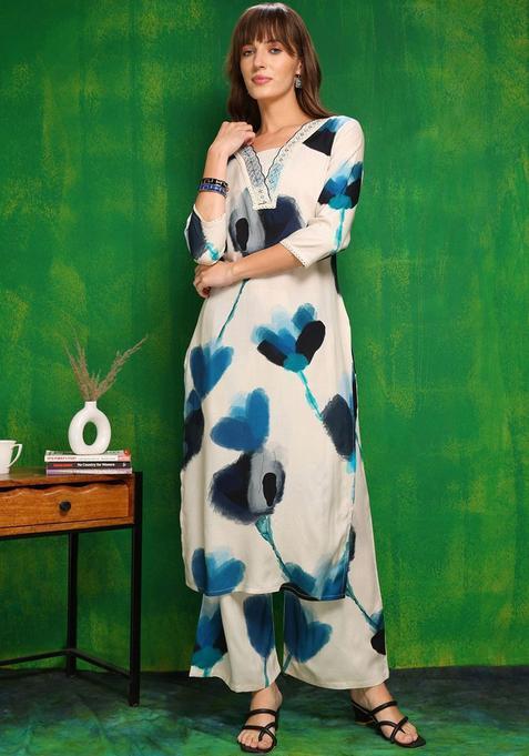 White Printed Viscose Rayon Kurta Set