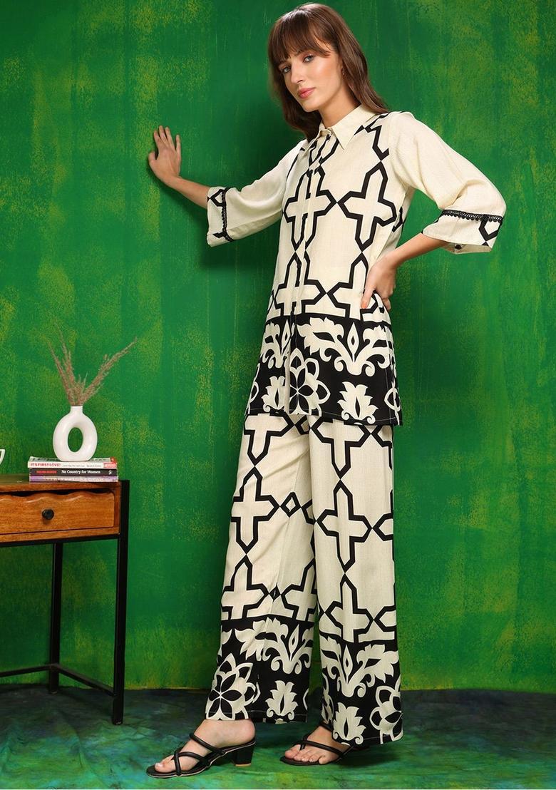 White Printed Viscose Rayon Kurta Set - Indya