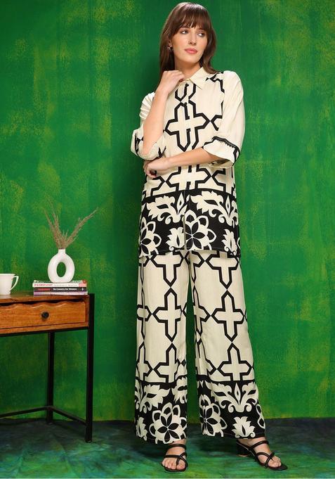 White Printed Viscose Rayon Kurta Set
