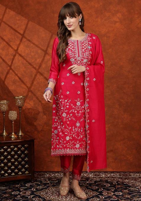 Maroon Embroidered Silk Blend Kurta Set