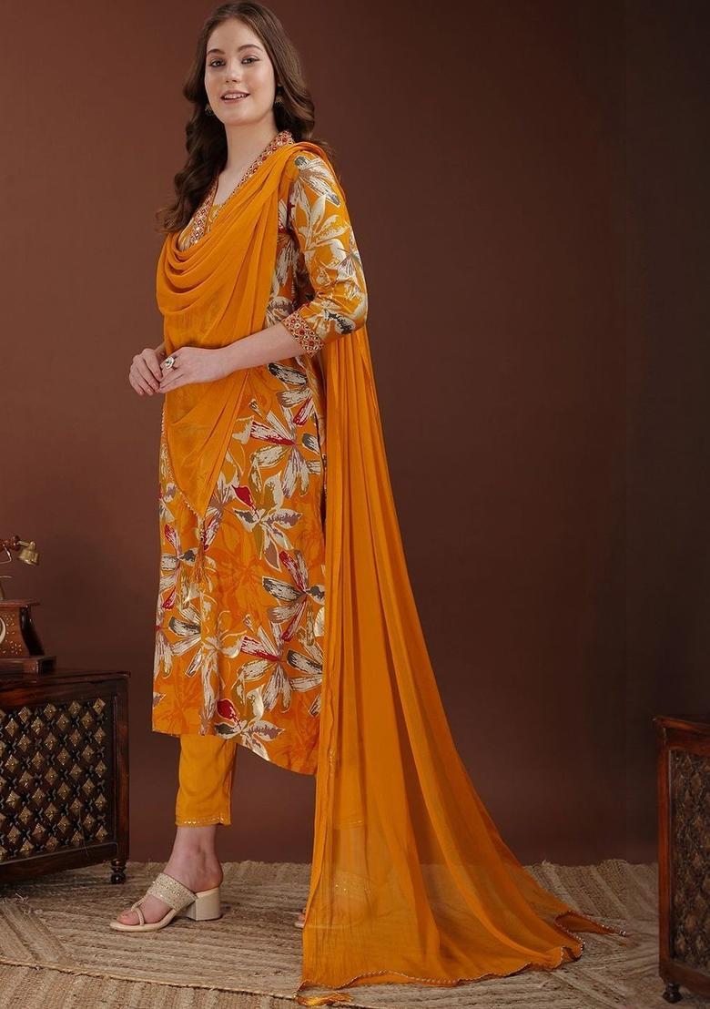 Mustard Solid Viscose Rayon Kurta Set - Indya