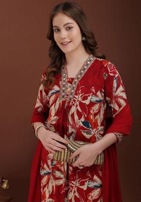 Red Solid Viscose Rayon Kurta Set