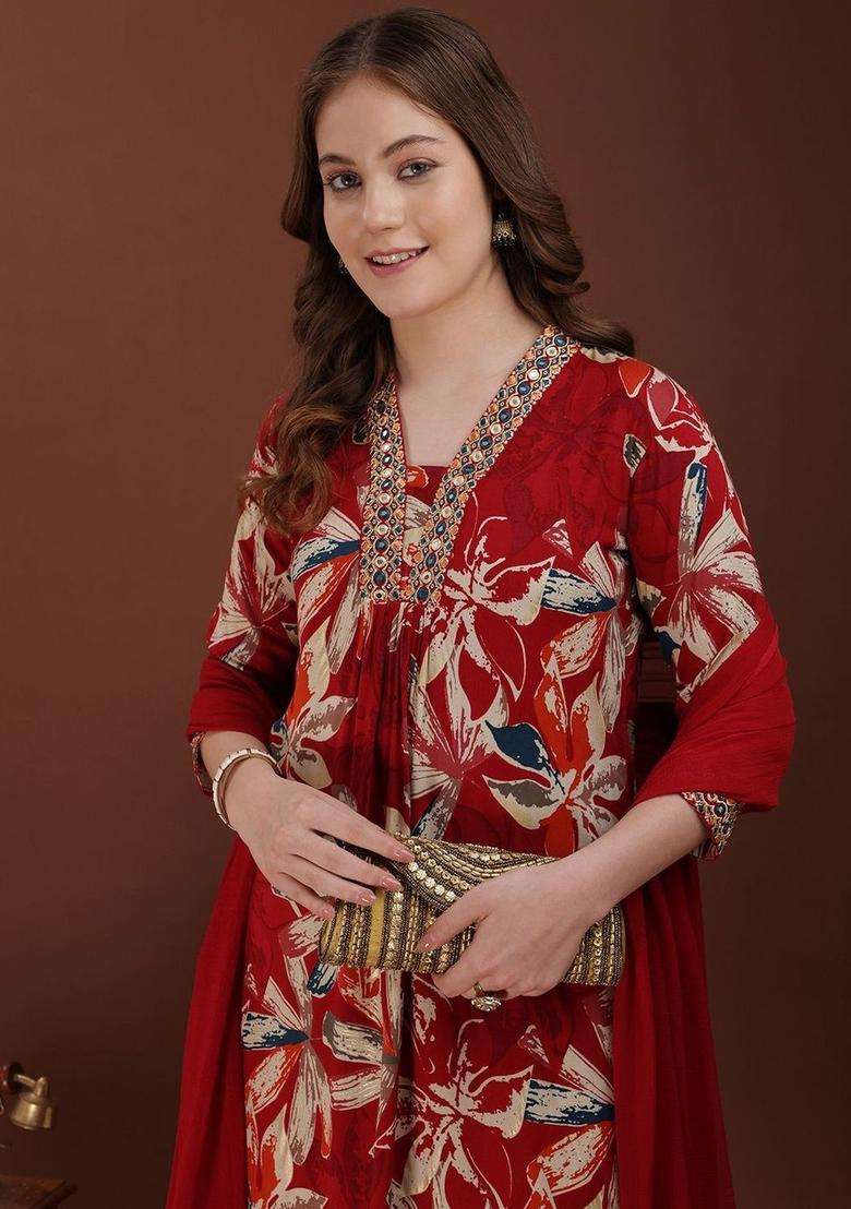 Red Solid Viscose Rayon Kurta Set - Indya