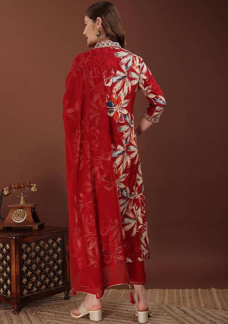 Red Solid Viscose Rayon Kurta Set - Indya