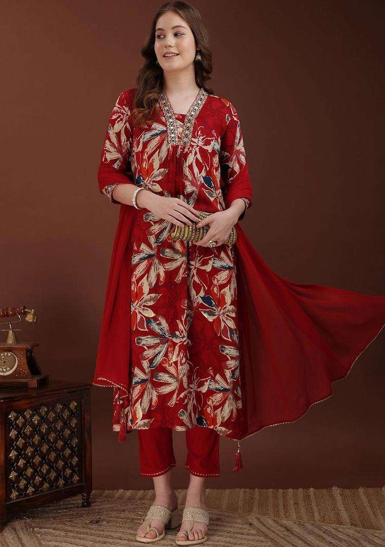 Red Solid Viscose Rayon Kurta Set - Indya