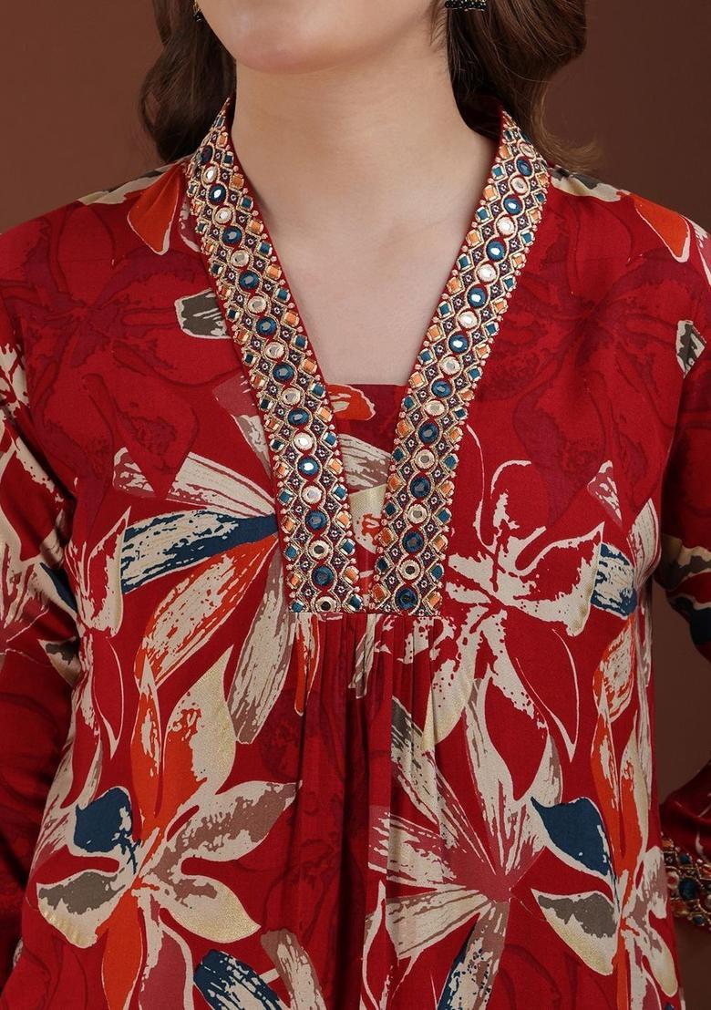 Red Solid Viscose Rayon Kurta Set - Indya