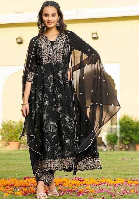 Black Printed Viscose Rayon Kurta Set
