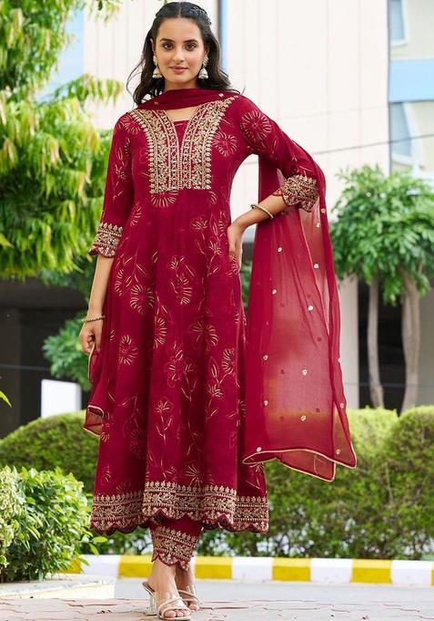 Maroon Printed Viscose Rayon Kurta Set