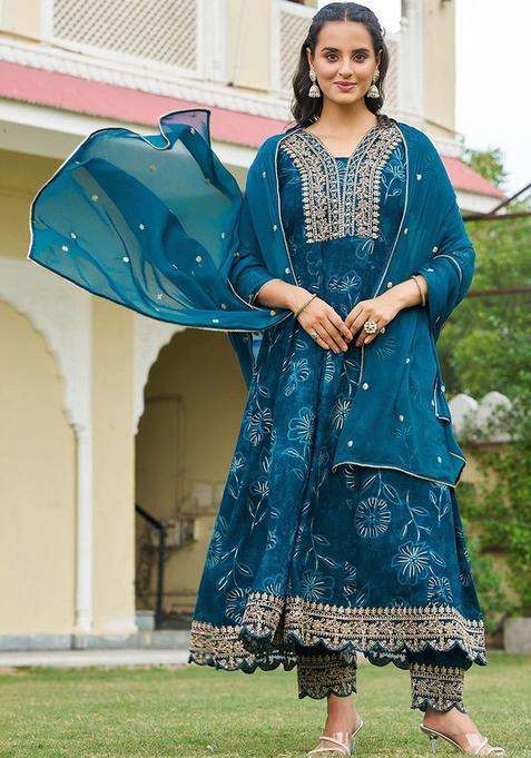 Teal Printed Viscose Rayon Kurta Set