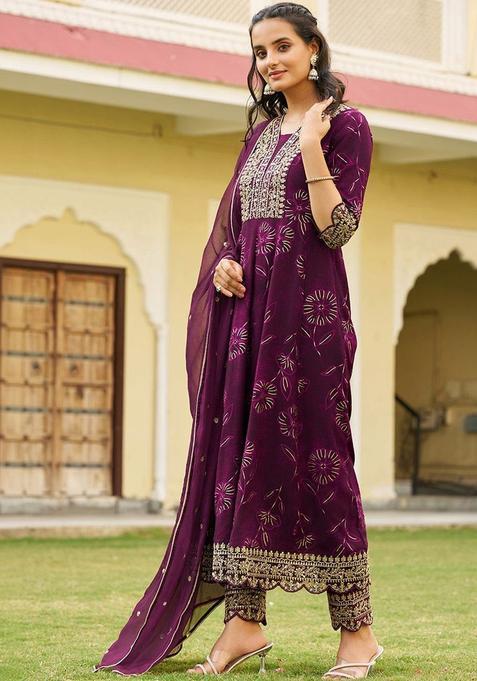 Purple Printed Viscose Rayon Kurta Set