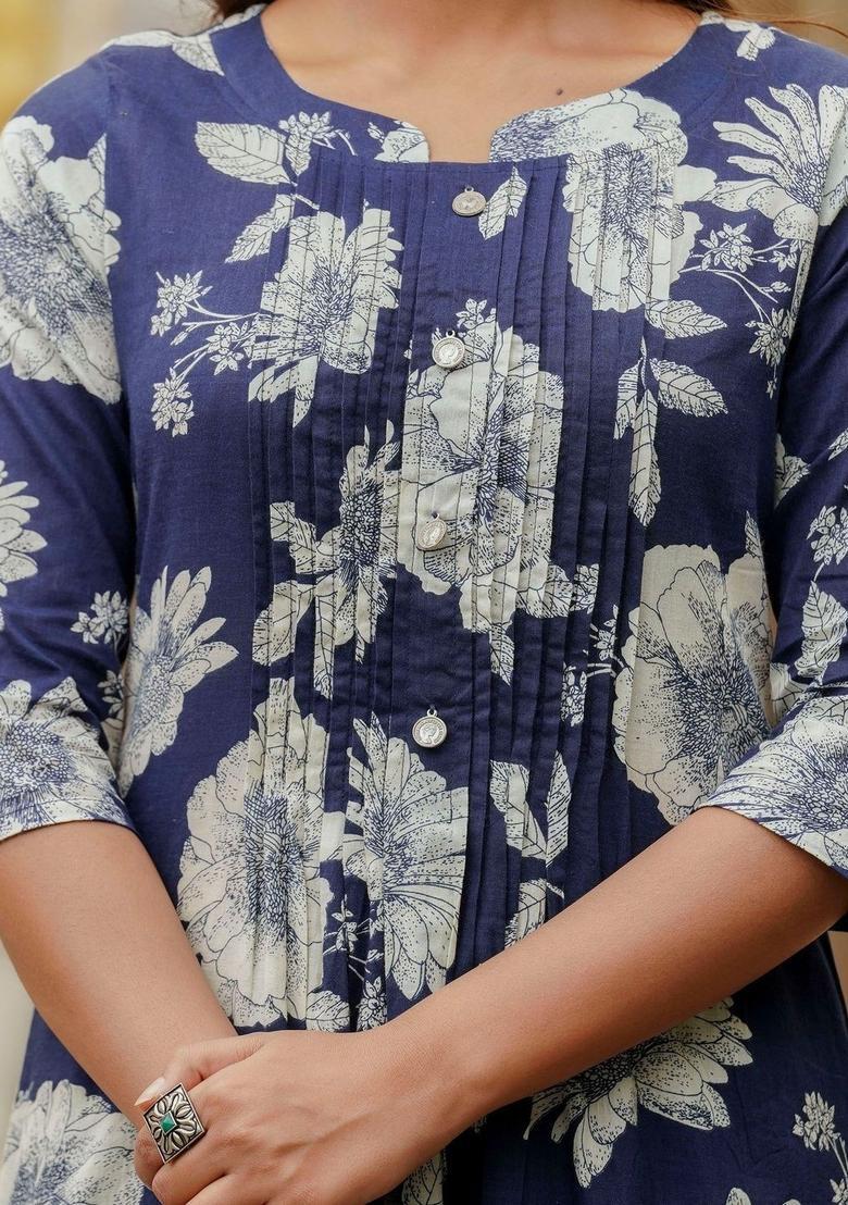 Navy Blue Striped Cotton Kurta Set - Indya