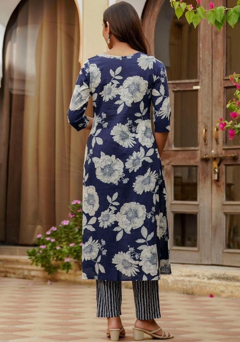 Navy Blue Striped Cotton Kurta Set - Indya