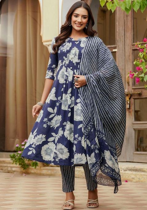Navy Blue Striped Cotton Kurta Set