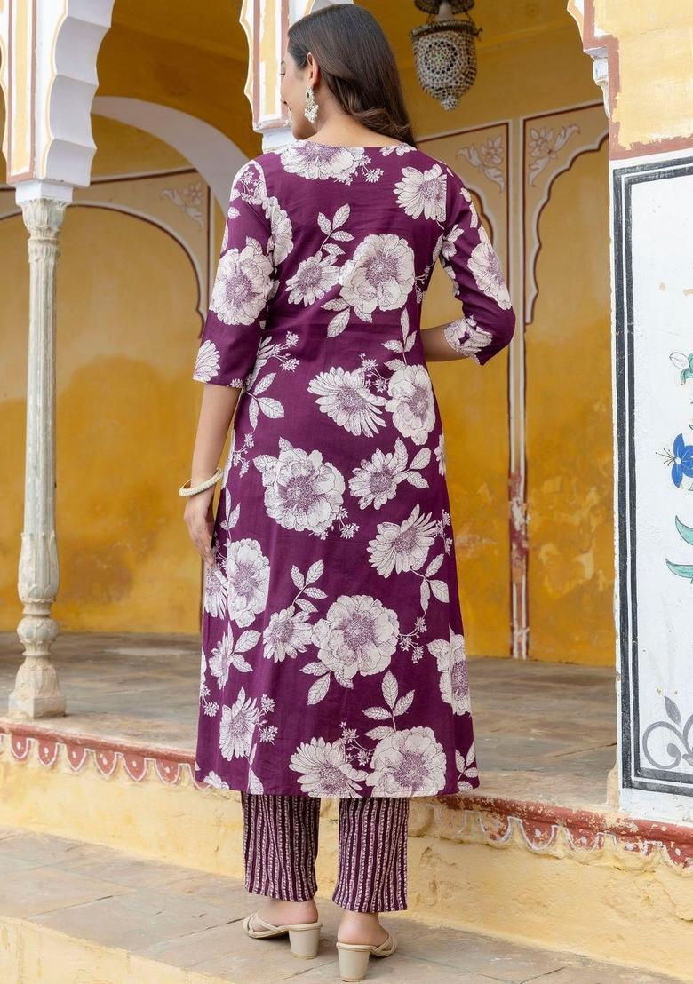Purple Printed Cotton Kurta Set - Indya