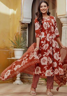 Rust Printed Cotton Kurta Set