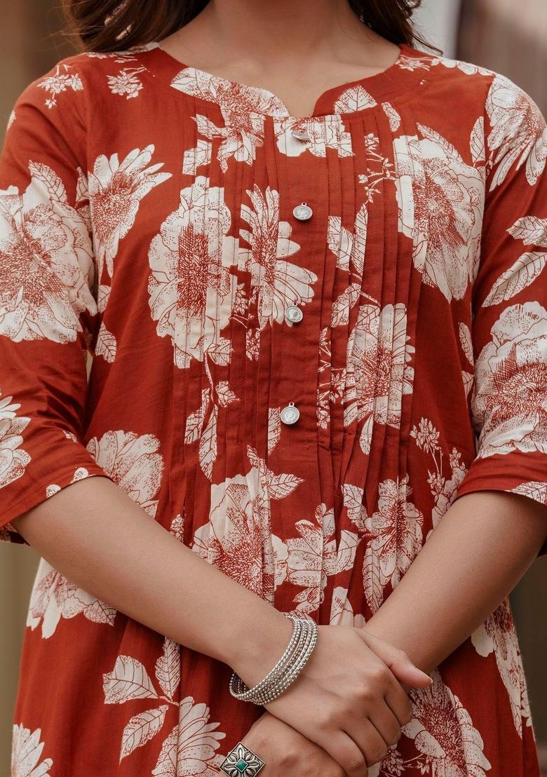 Rust Printed Cotton Kurta Set - Indya